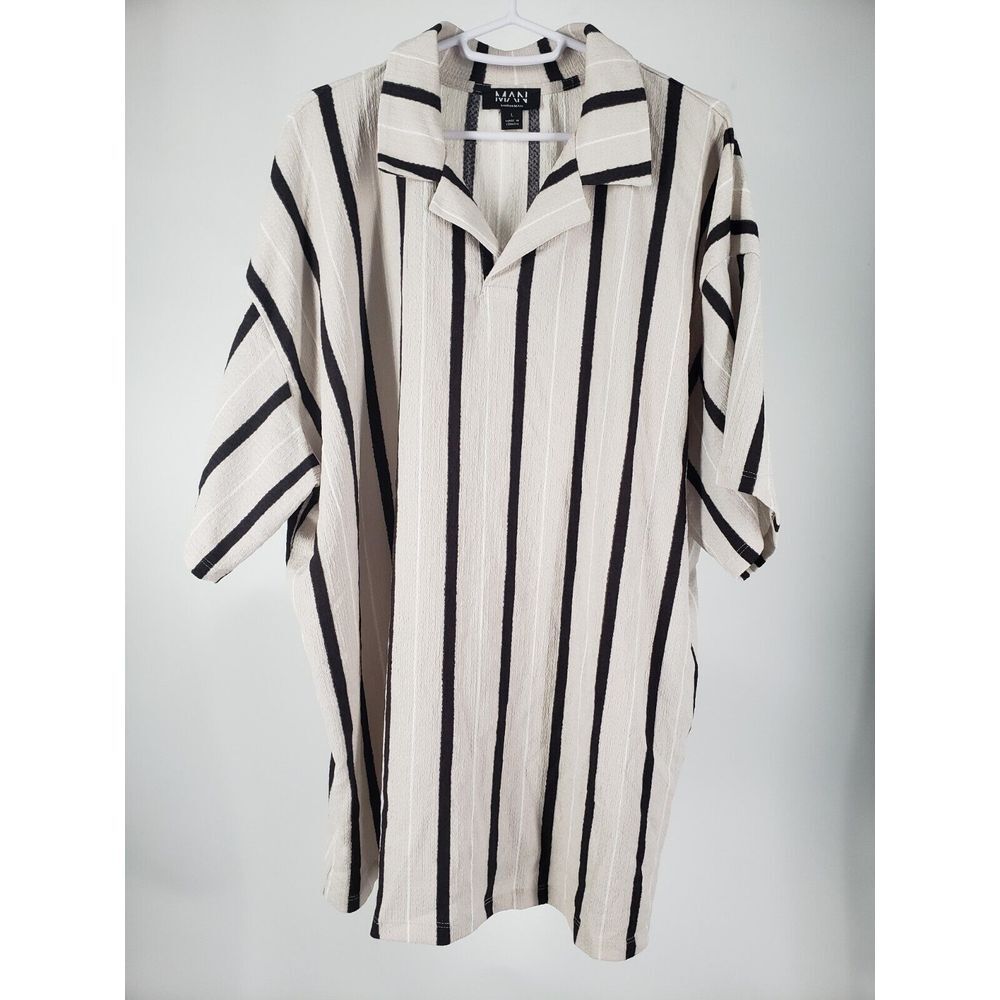 Boohoo Man Black White Striped Loose Fit Strip Crinkle Shirt Size L - Picture 3 of 9